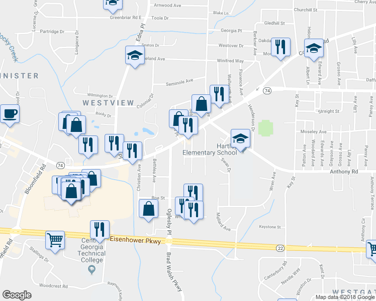 map of restaurants, bars, coffee shops, grocery stores, and more near 1740 Dixon Drive in Macon