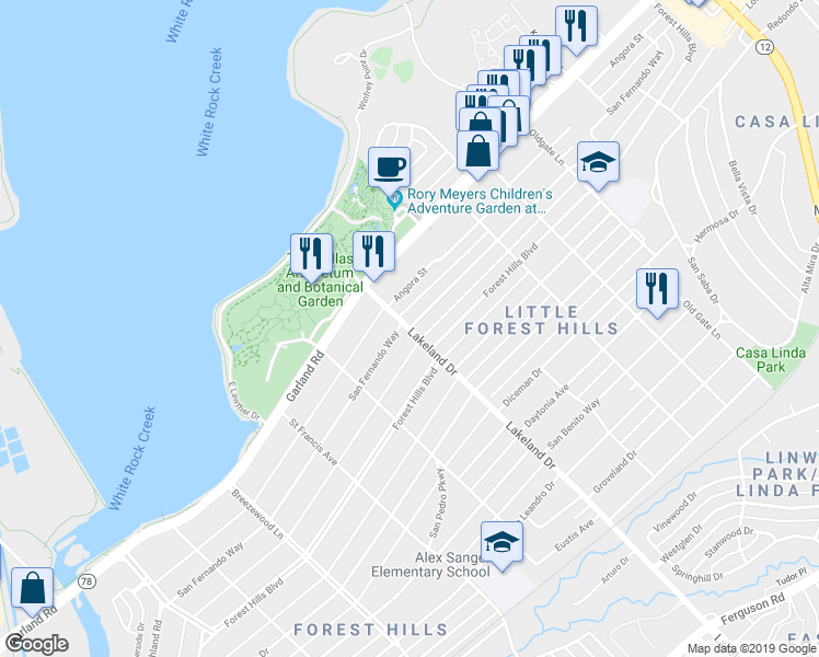 map of restaurants, bars, coffee shops, grocery stores, and more near 1312 Lakeland Drive in Dallas