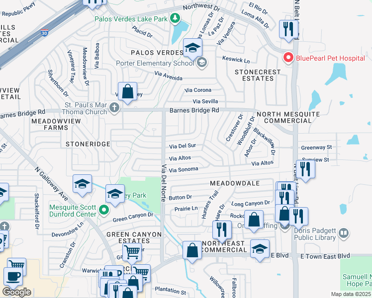 map of restaurants, bars, coffee shops, grocery stores, and more near 617 Via Altos in Mesquite