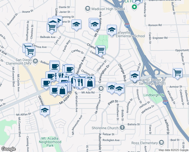 map of restaurants, bars, coffee shops, grocery stores, and more near 6039 Chateau Drive in San Diego