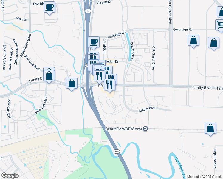 map of restaurants, bars, coffee shops, grocery stores, and more near 14200 Trinity Boulevard in Fort Worth