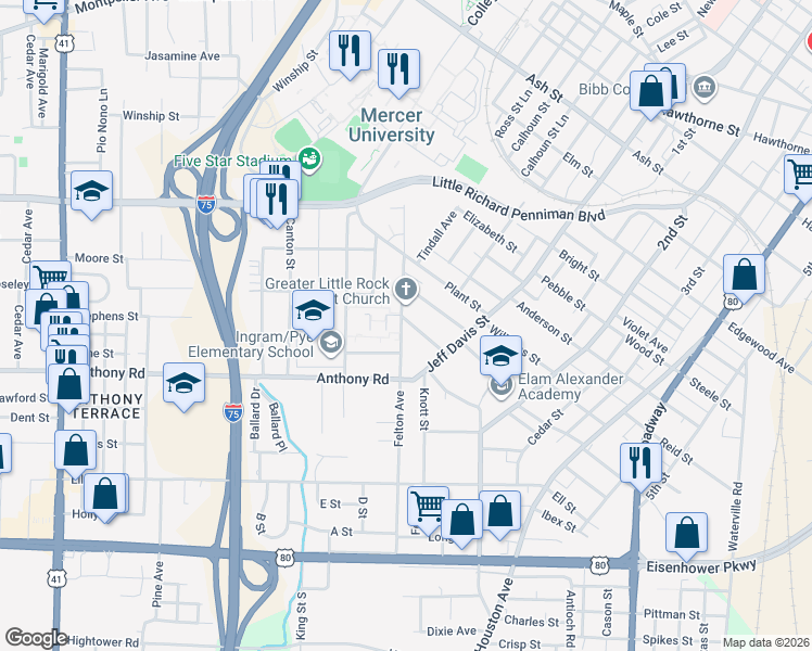 map of restaurants, bars, coffee shops, grocery stores, and more near 942 Tenney Avenue in Macon