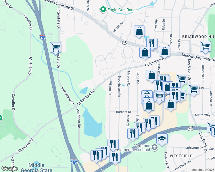 map of restaurants, bars, coffee shops, grocery stores, and more near 4535 Wilson Road in Macon