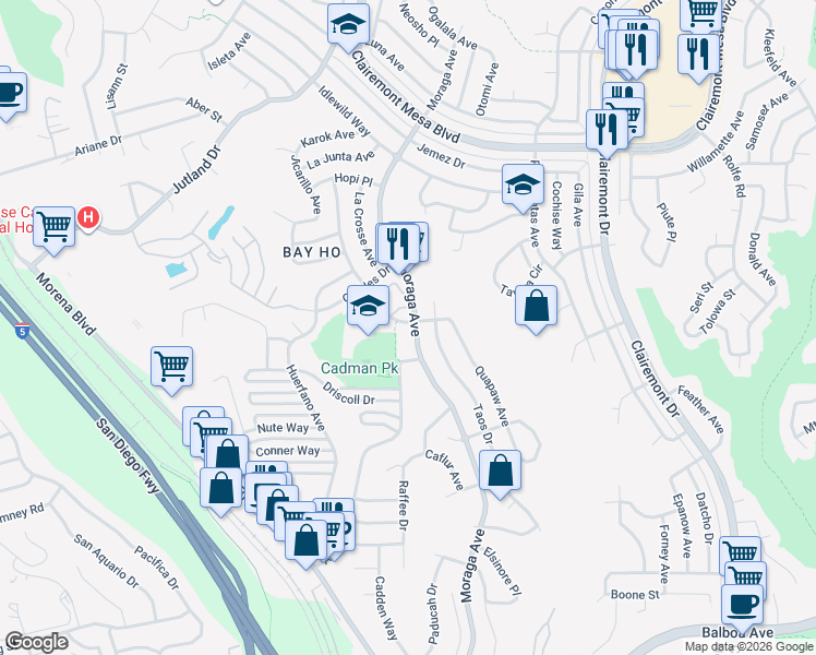 map of restaurants, bars, coffee shops, grocery stores, and more near 4330 Moraga Avenue in San Diego