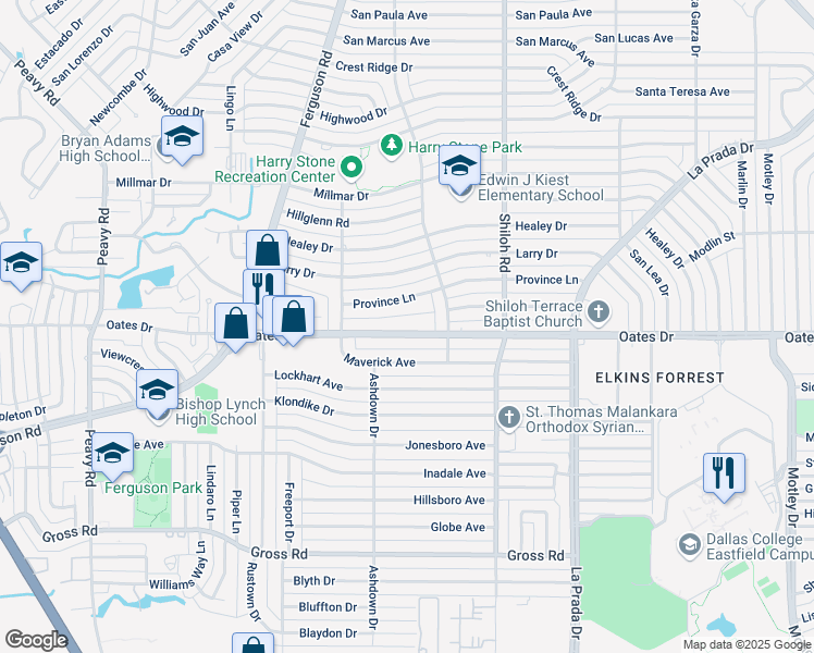 map of restaurants, bars, coffee shops, grocery stores, and more near 2511 Oates Drive in Dallas