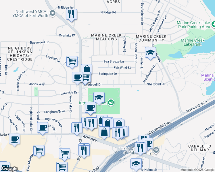 map of restaurants, bars, coffee shops, grocery stores, and more near 5839 Shadydell Drive in Fort Worth