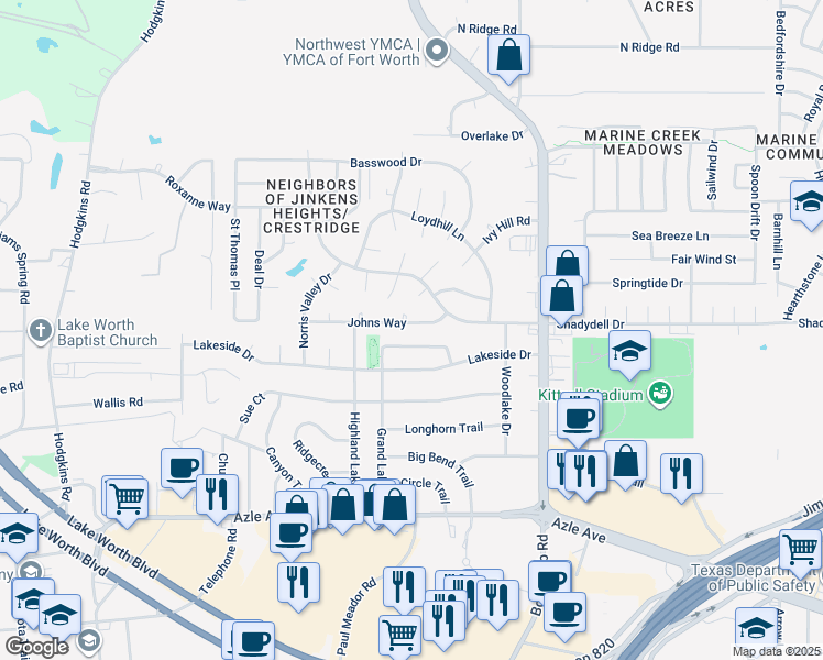 map of restaurants, bars, coffee shops, grocery stores, and more near 6313 Johns Way in Fort Worth