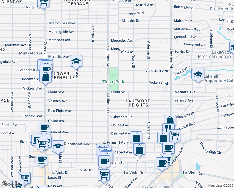 map of restaurants, bars, coffee shops, grocery stores, and more near 6128 Llano Avenue in Dallas