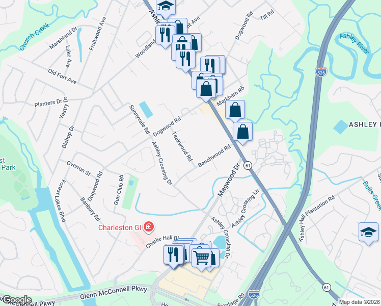 map of restaurants, bars, coffee shops, grocery stores, and more near 1850 Beechwood Road in Charleston