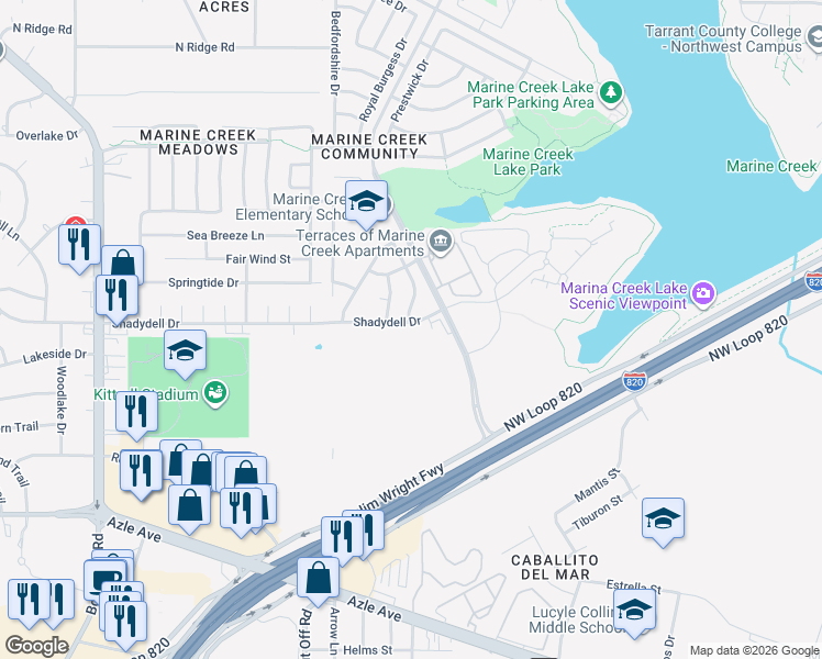 map of restaurants, bars, coffee shops, grocery stores, and more near 5421 Shadydell Drive in Fort Worth