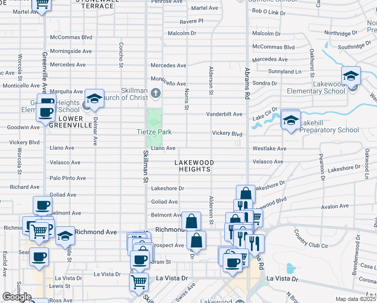 map of restaurants, bars, coffee shops, grocery stores, and more near 6218 Llano Avenue in Dallas