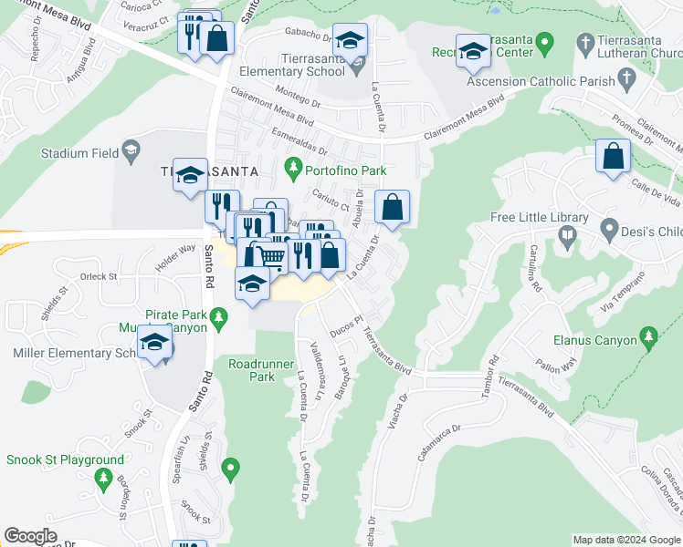 map of restaurants, bars, coffee shops, grocery stores, and more near 10819 Escobar Drive in San Diego