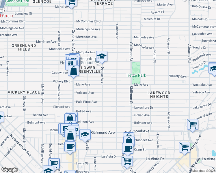 map of restaurants, bars, coffee shops, grocery stores, and more near 5918 Llano Avenue in Dallas
