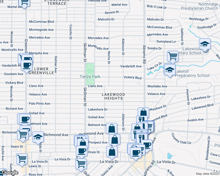 map of restaurants, bars, coffee shops, grocery stores, and more near 6218 Llano Avenue in Dallas