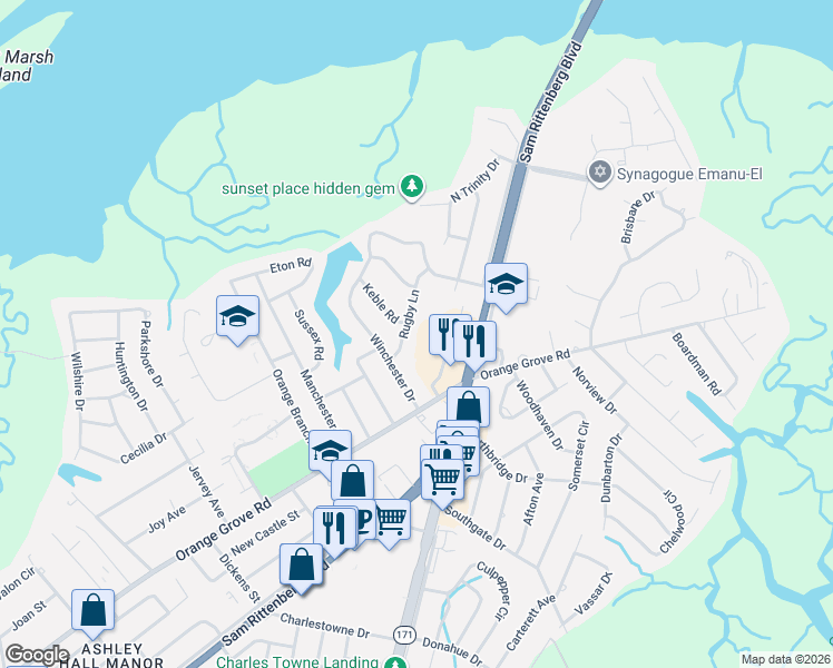 map of restaurants, bars, coffee shops, grocery stores, and more near 1865 Rugby Lane in Charleston
