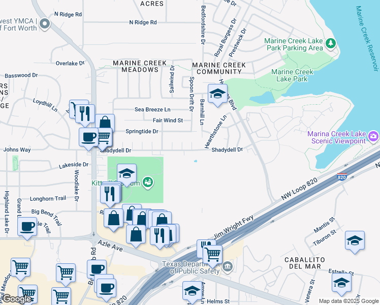 map of restaurants, bars, coffee shops, grocery stores, and more near 5711 Shadydell Drive in Fort Worth