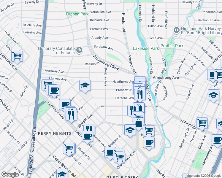 map of restaurants, bars, coffee shops, grocery stores, and more near 4134 Prescott Avenue in Dallas