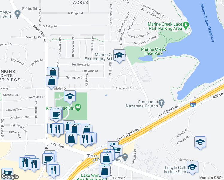 map of restaurants, bars, coffee shops, grocery stores, and more near 5633 Shadydell Drive in Fort Worth