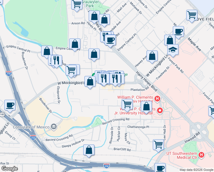 map of restaurants, bars, coffee shops, grocery stores, and more near 1710 West Mockingbird Lane in Dallas