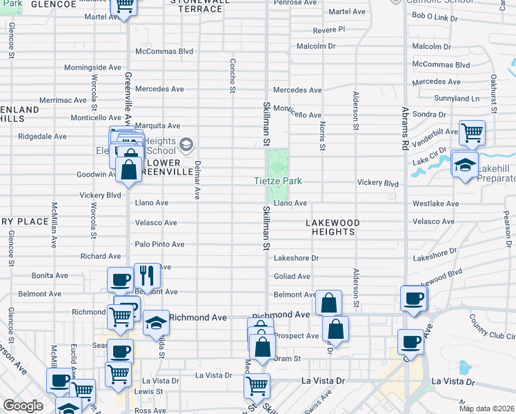 map of restaurants, bars, coffee shops, grocery stores, and more near 6038 Llano Avenue in Dallas