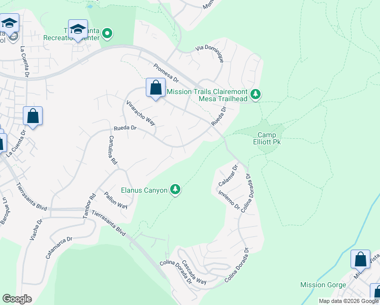 map of restaurants, bars, coffee shops, grocery stores, and more near 4502 Via Palabra in San Diego