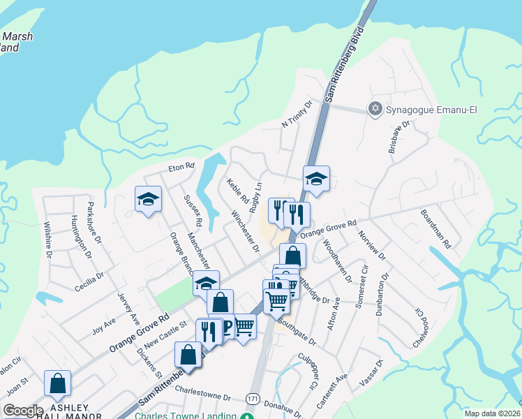 map of restaurants, bars, coffee shops, grocery stores, and more near 1865 Rugby Lane in Charleston