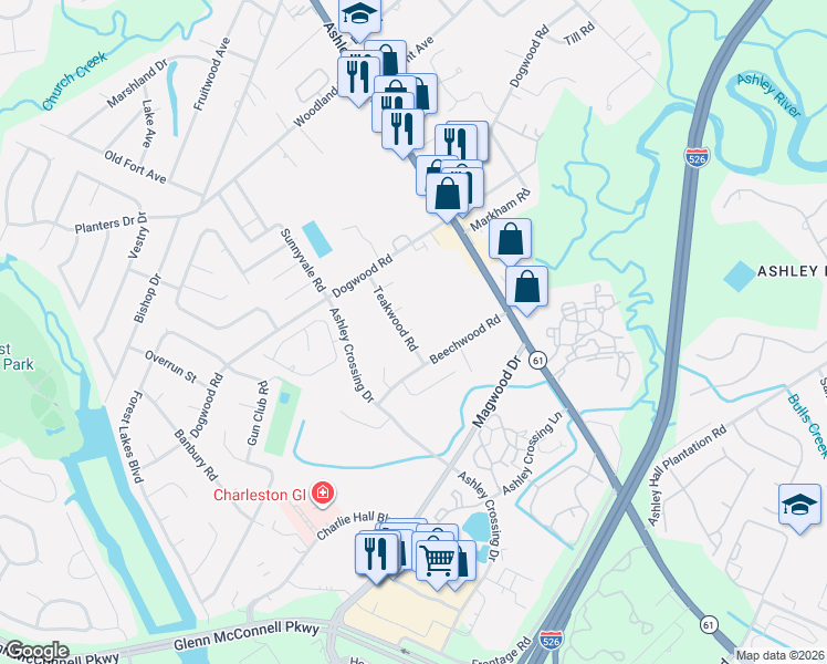 map of restaurants, bars, coffee shops, grocery stores, and more near 1850 Beechwood Road in Charleston