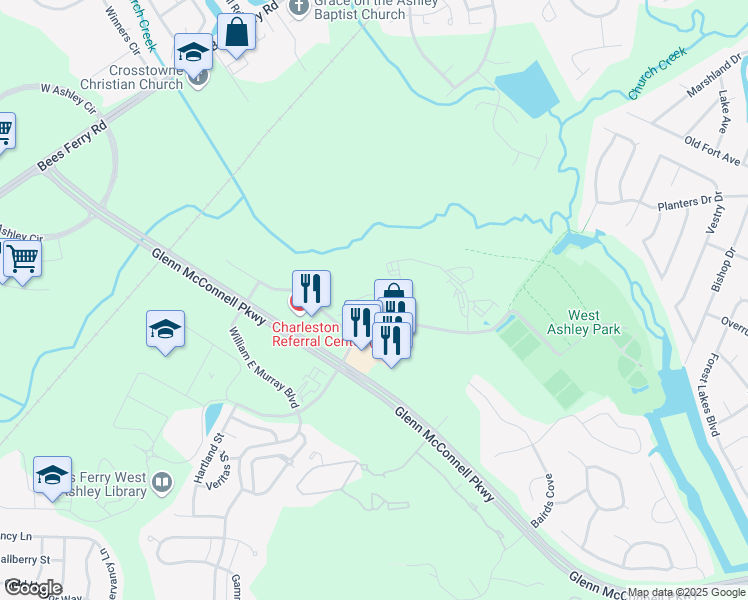 map of restaurants, bars, coffee shops, grocery stores, and more near 116 Ashley Villa Circle in Charleston