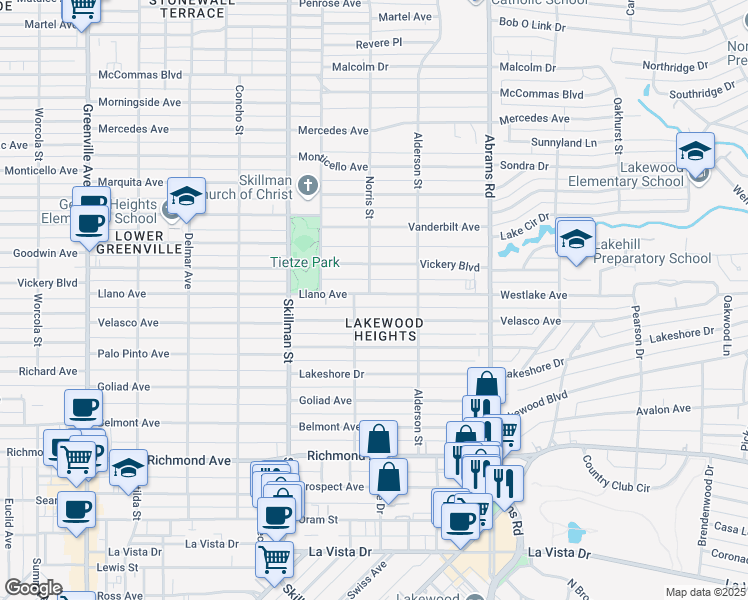 map of restaurants, bars, coffee shops, grocery stores, and more near 6231 Velasco Avenue in Dallas