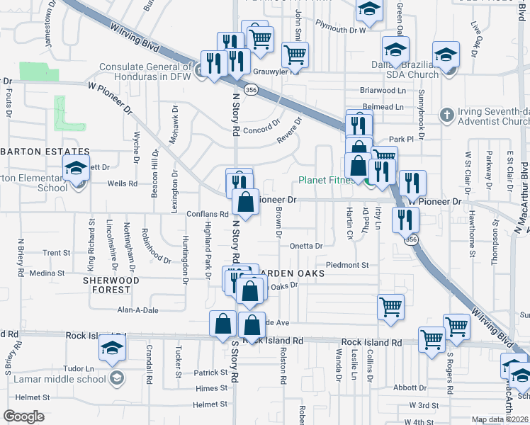 map of restaurants, bars, coffee shops, grocery stores, and more near 517 Shalamar Place in Irving
