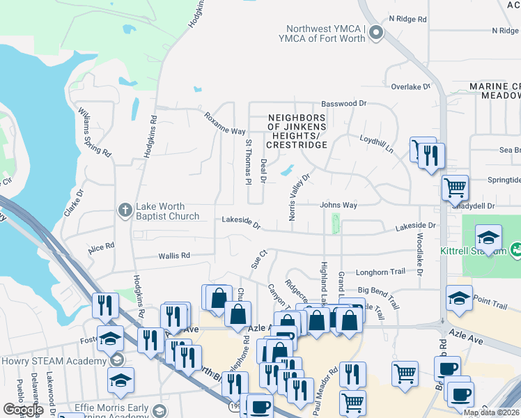 map of restaurants, bars, coffee shops, grocery stores, and more near 6512 Lakeside Cove in Fort Worth