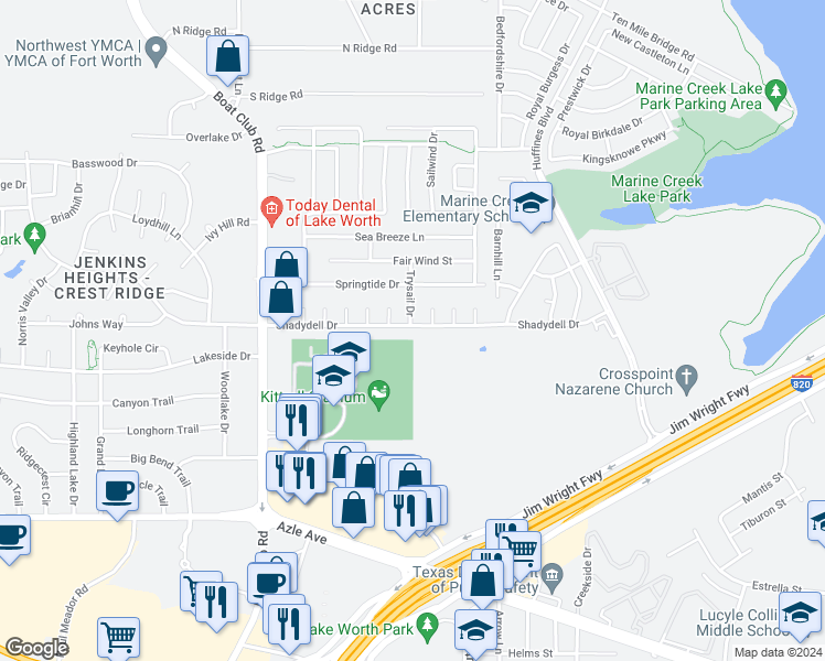 map of restaurants, bars, coffee shops, grocery stores, and more near 5765 Shadydell Drive in Fort Worth