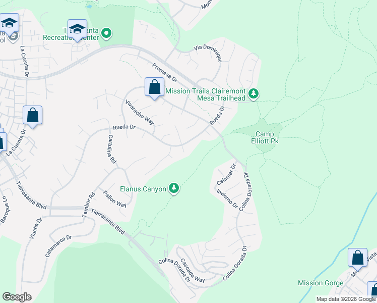 map of restaurants, bars, coffee shops, grocery stores, and more near 4502 Via Palabra in San Diego