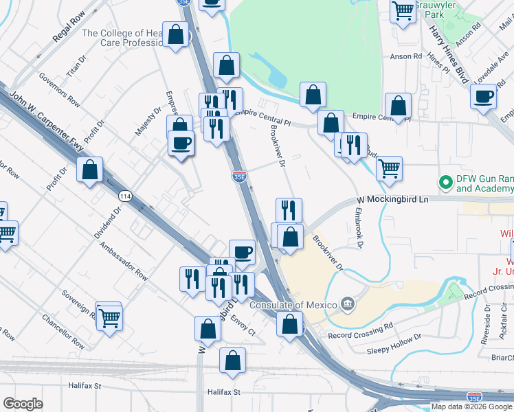 map of restaurants, bars, coffee shops, grocery stores, and more near 7800 N Stemmons Fwy in Dallas