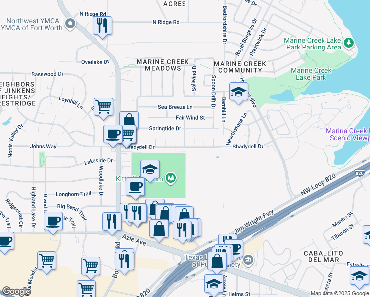 map of restaurants, bars, coffee shops, grocery stores, and more near 5767 Shadydell Drive in Fort Worth