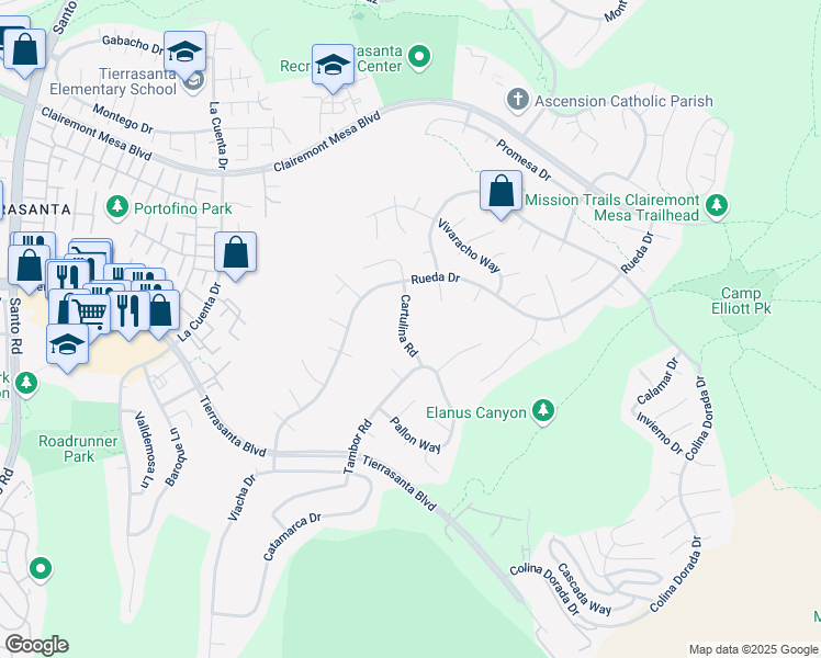 map of restaurants, bars, coffee shops, grocery stores, and more near 4235 Cartulina Road in San Diego