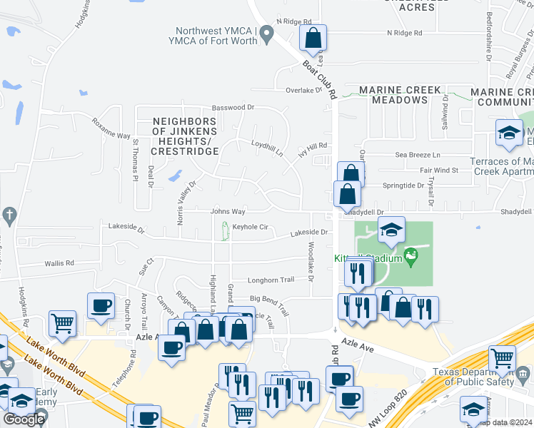 map of restaurants, bars, coffee shops, grocery stores, and more near 6303 Johns Way in Fort Worth