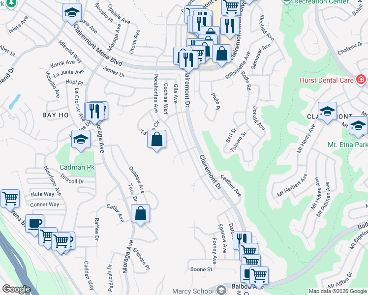 map of restaurants, bars, coffee shops, grocery stores, and more near 4410 Gila Avenue in San Diego