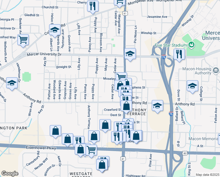 map of restaurants, bars, coffee shops, grocery stores, and more near 2115 Cedar Avenue in Macon
