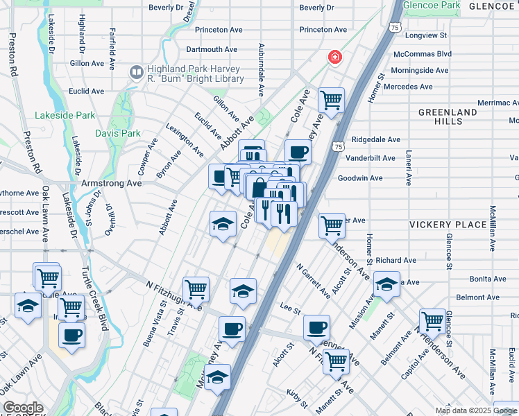 map of restaurants, bars, coffee shops, grocery stores, and more near 4514 Cole Avenue in Dallas