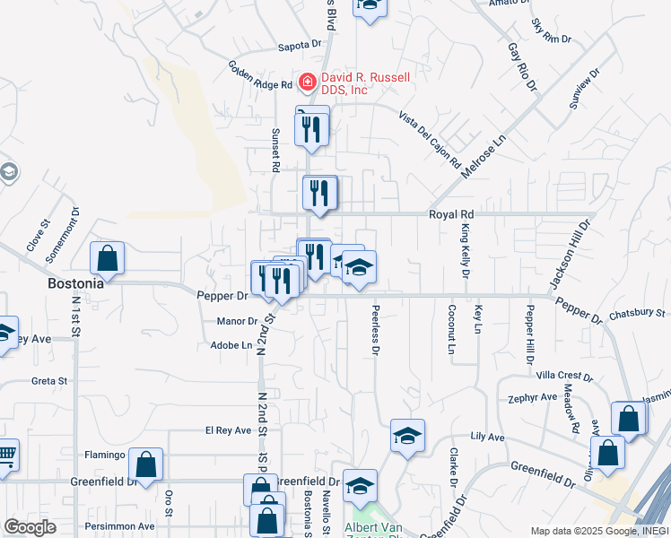 map of restaurants, bars, coffee shops, grocery stores, and more near 1332 Pepper Drive in El Cajon