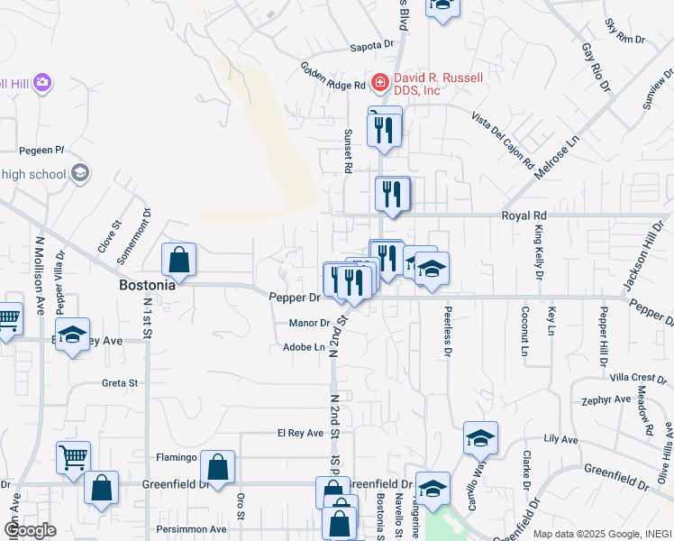 map of restaurants, bars, coffee shops, grocery stores, and more near 1221 Green Garden Drive in El Cajon
