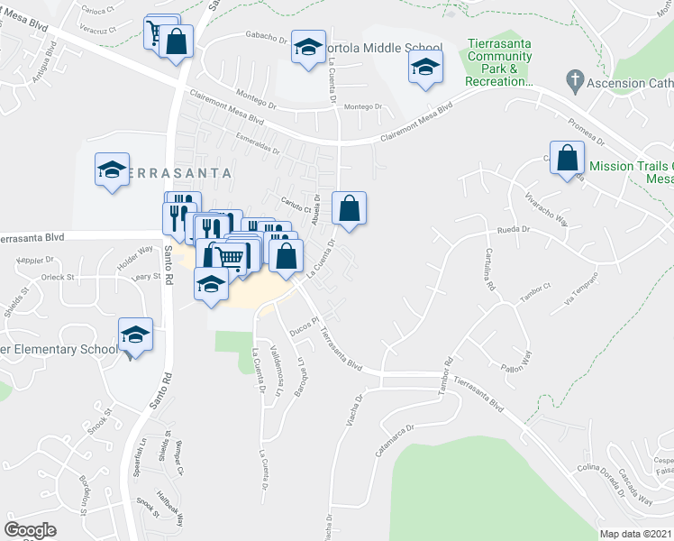 map of restaurants, bars, coffee shops, grocery stores, and more near 10853 Macouba Place in San Diego