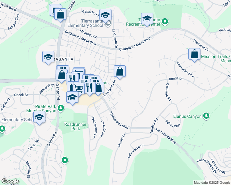 map of restaurants, bars, coffee shops, grocery stores, and more near 5059 La Cuenta Drive in San Diego