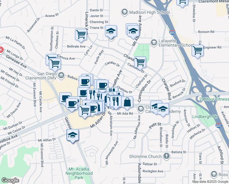 map of restaurants, bars, coffee shops, grocery stores, and more near 29 Mount Abernathy Avenue in San Diego