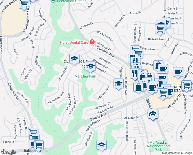 map of restaurants, bars, coffee shops, grocery stores, and more near 4885 Mount Elbrus Drive in San Diego