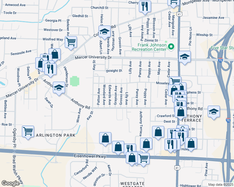 map of restaurants, bars, coffee shops, grocery stores, and more near 754 Grayson Avenue in Macon