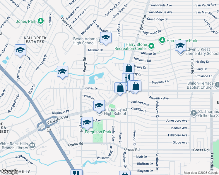 map of restaurants, bars, coffee shops, grocery stores, and more near 2024 Oates Drive in Dallas