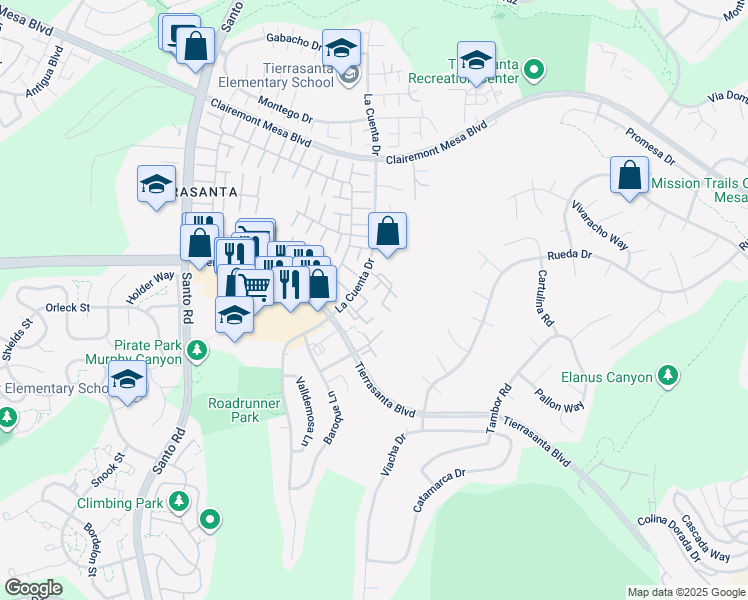 map of restaurants, bars, coffee shops, grocery stores, and more near 5059 La Cuenta Drive in San Diego