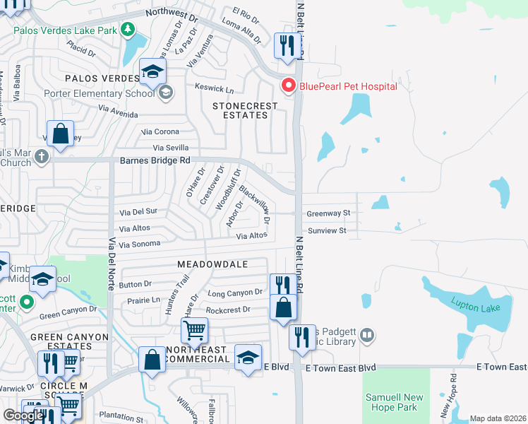 map of restaurants, bars, coffee shops, grocery stores, and more near 4125 Blackwillow Drive in Mesquite